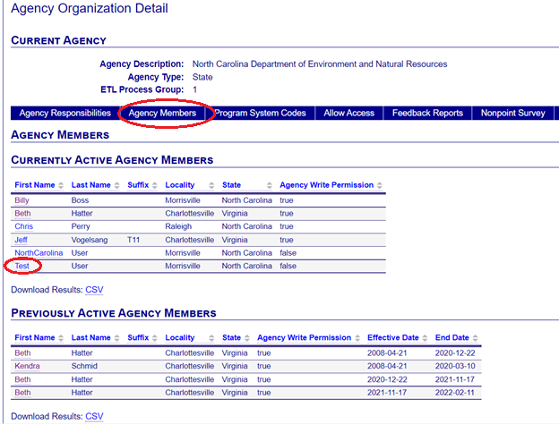 Image of the Agency Members tab. It will display a list of 
                  all the current members of an agency that are active within the EIS Gateway.
